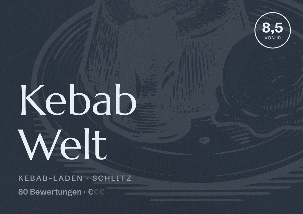 Illustriertes Poster von Kebab Welt, Kebab-Laden in Schlitz: Bewertung 8,5 von 10 aus 80 Bewertungen, Preisniveau €