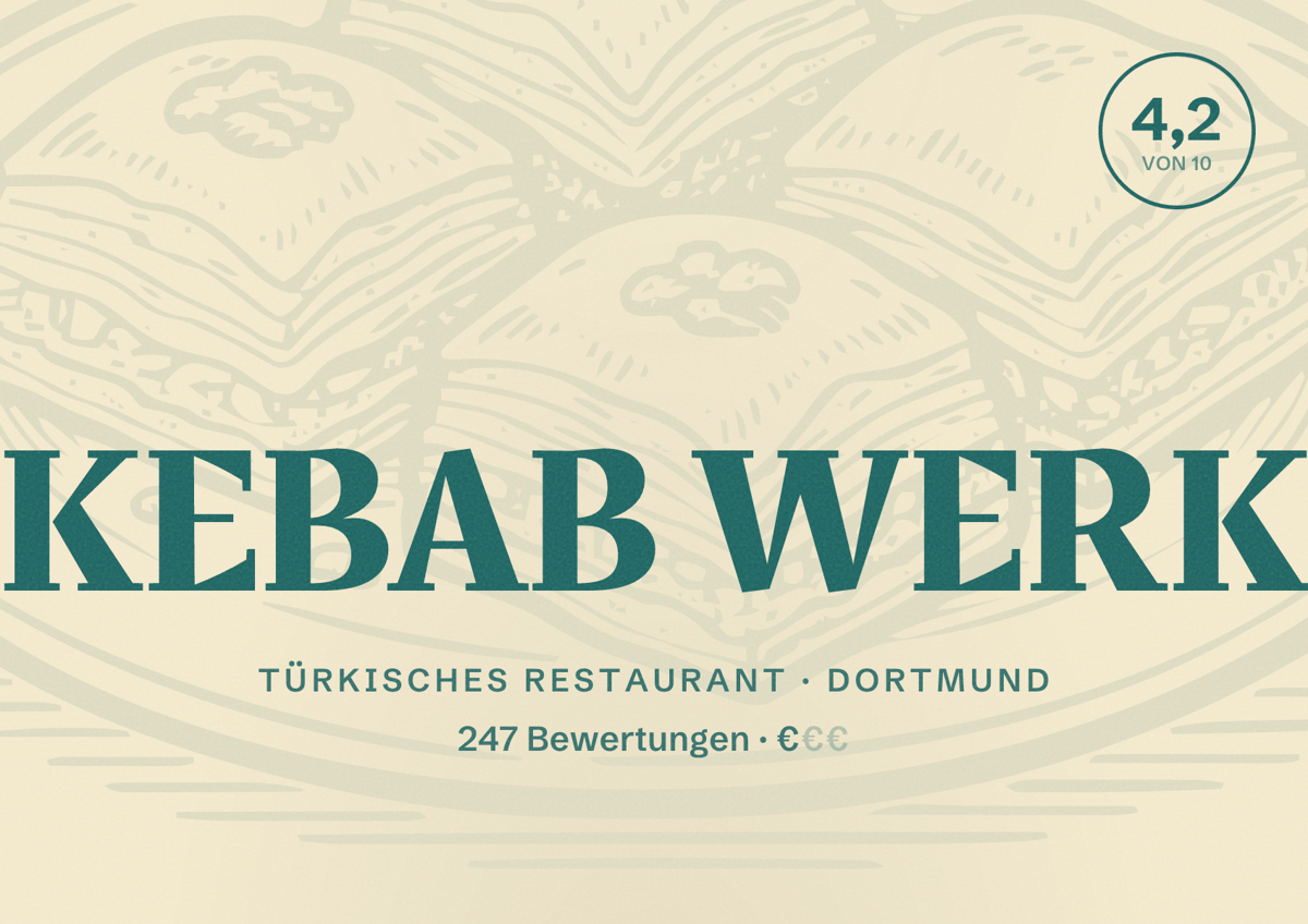 Illustriertes Poster von KEBAB WERK, Türkisches Restaurant in Dortmund: Bewertung 4,2 von 10 aus 247 Bewertungen, Preisniveau €