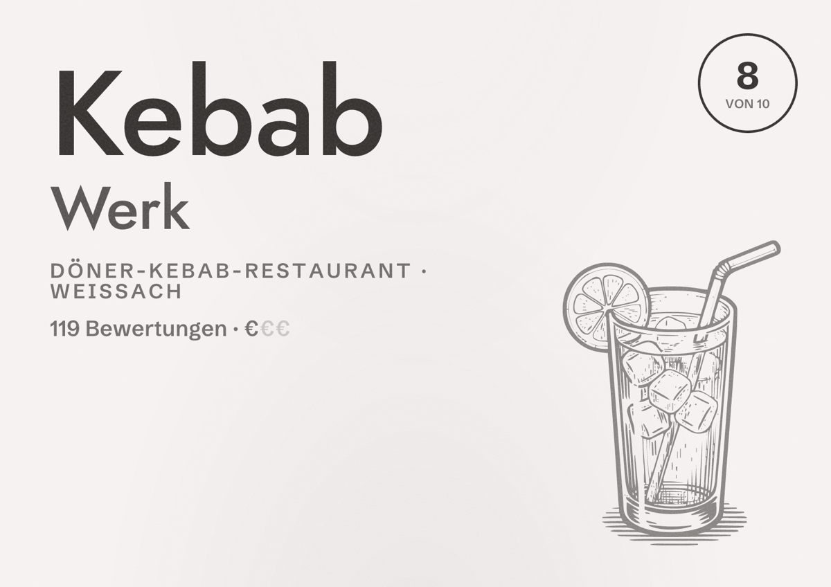 Illustriertes Poster von Kebab Werk, Döner-Kebab-Restaurant in Weissach: Bewertung 8 von 10 aus 119 Bewertungen, Preisniveau €