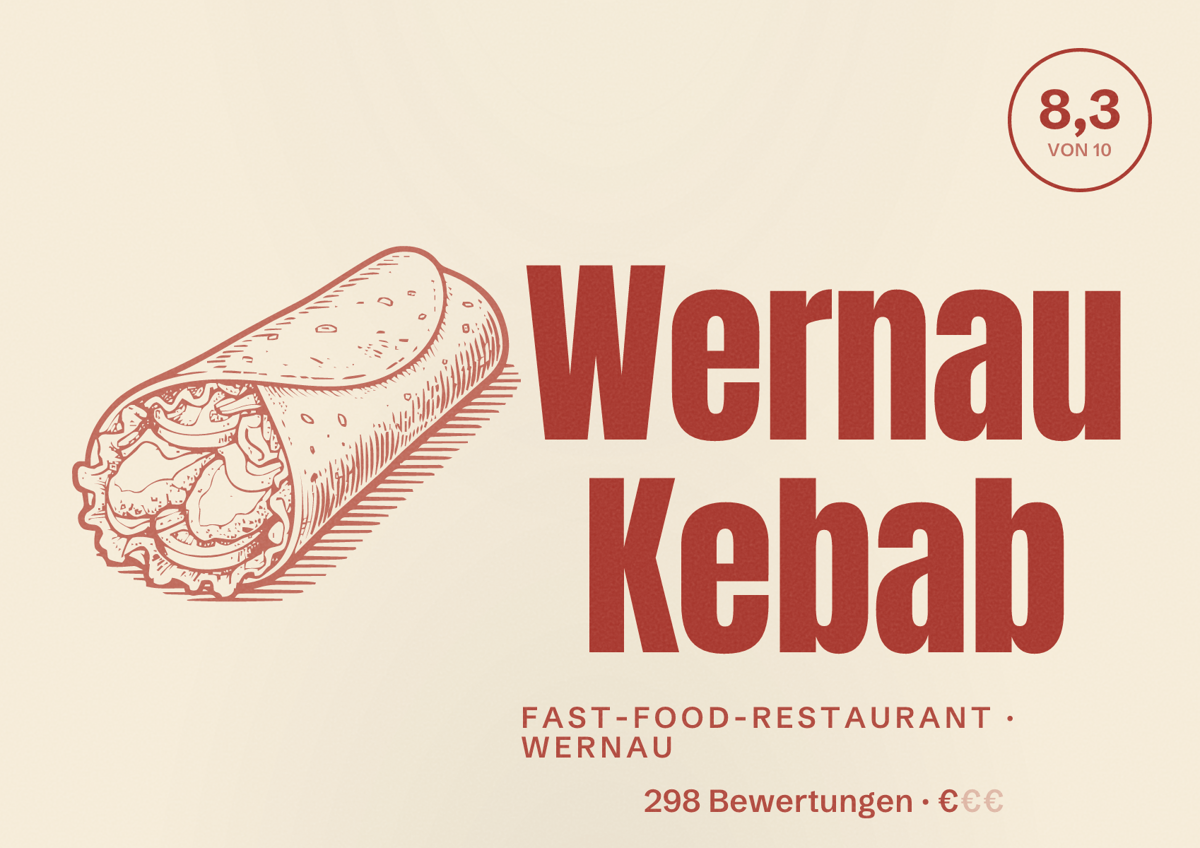 Illustriertes Poster von Wernau Kebab, Fast-Food-Restaurant in Wernau: Bewertung 8,3 von 10 aus 298 Bewertungen, Preisniveau €