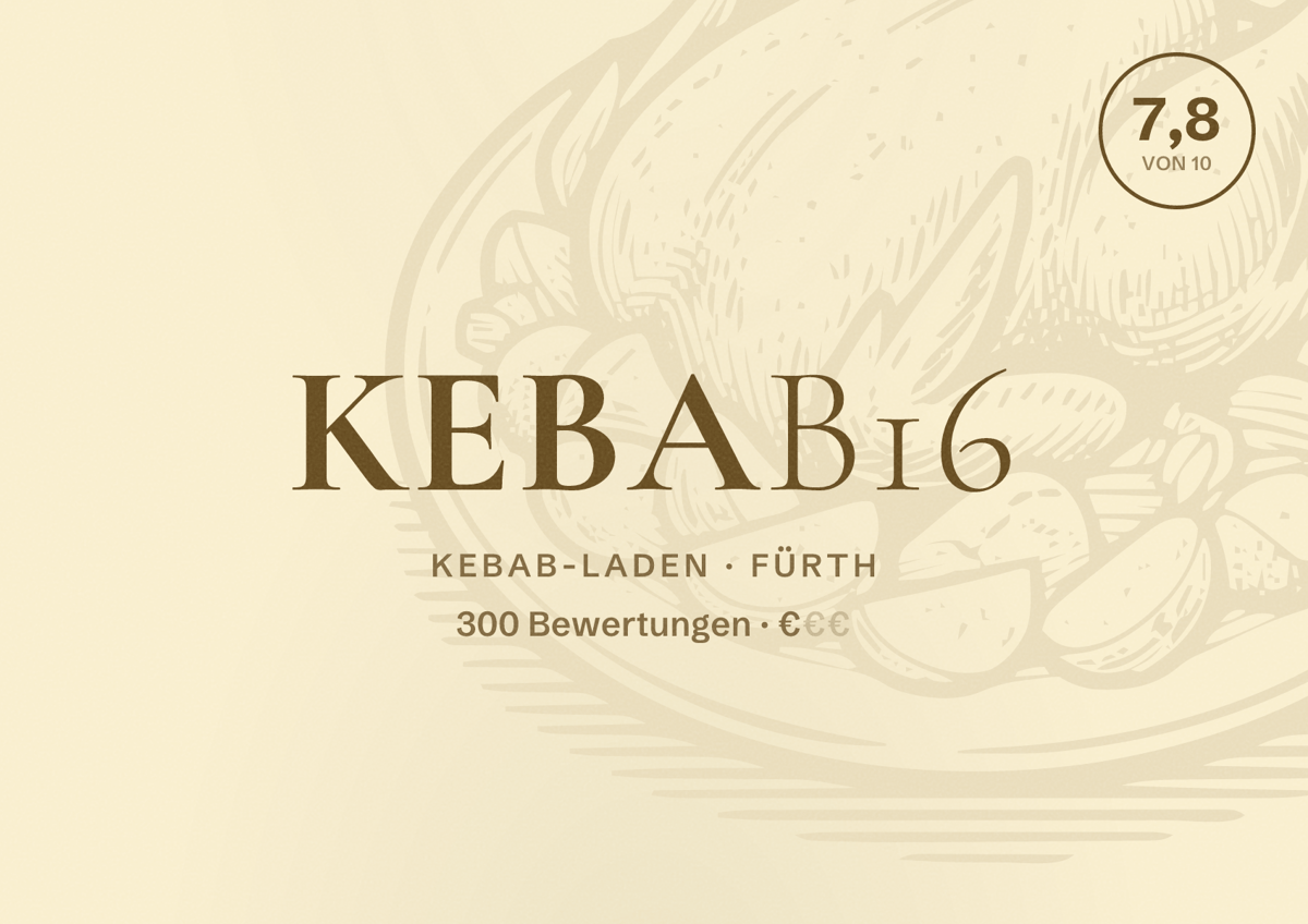 Illustriertes Poster von KEBAB16, Kebab-Laden in Fürth: Bewertung 7,8 von 10 aus 300 Bewertungen, Preisniveau €