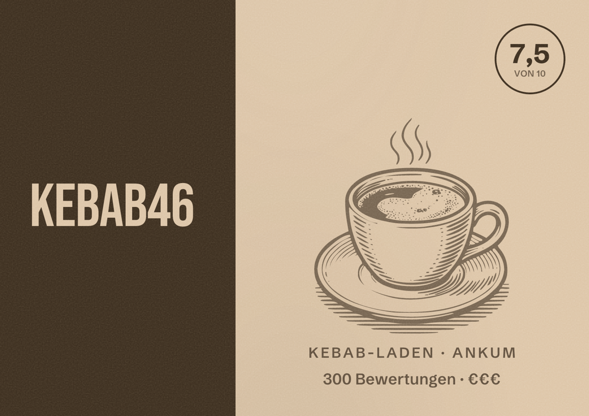 Illustriertes Poster von Kebab46, Kebab-Laden in Ankum: Bewertung 7,5 von 10 aus 300 Bewertungen, Preisniveau €€€