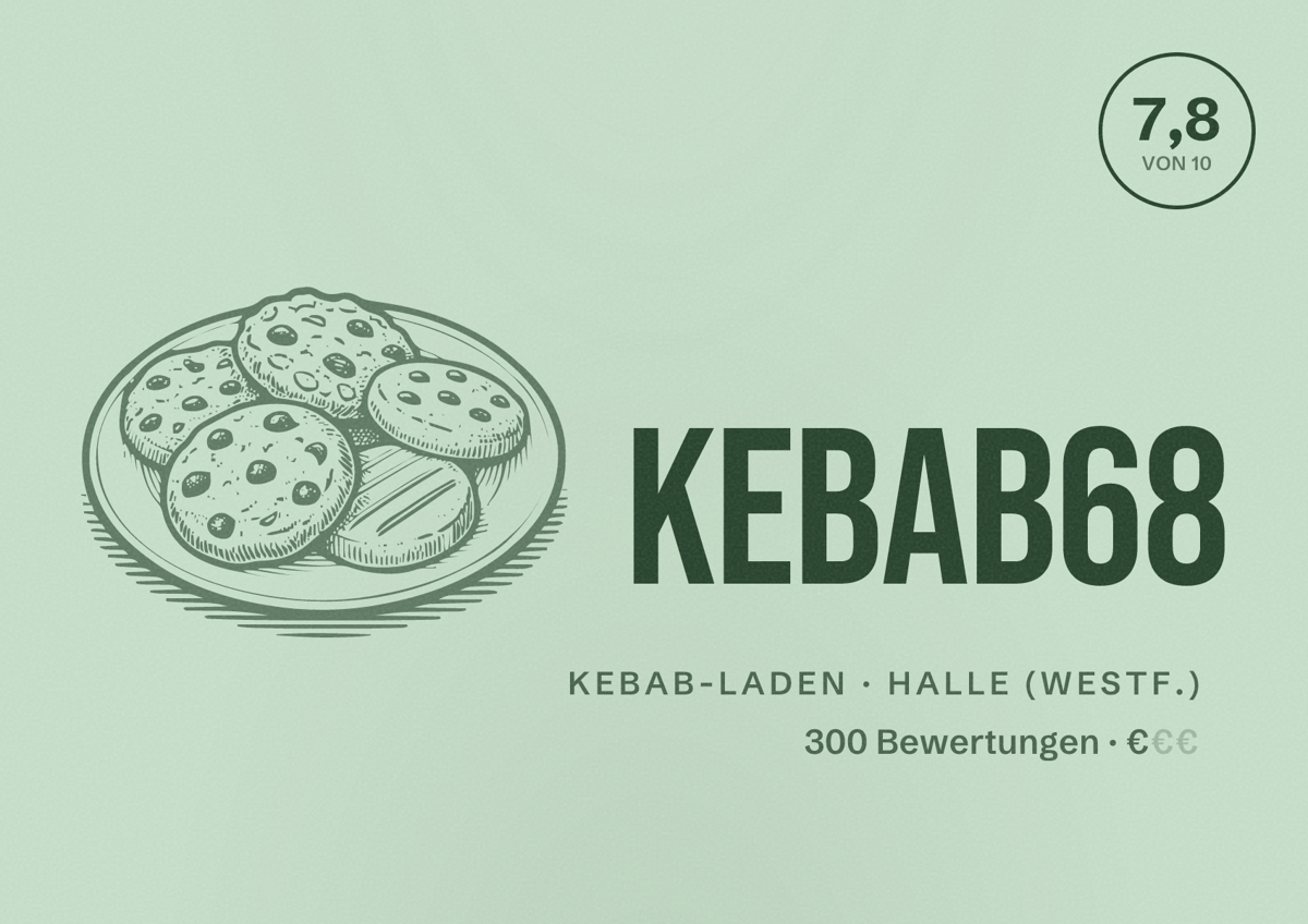 Illustriertes Poster von KebaB68, Kebab-Laden in Halle (Westf.): Bewertung 7,8 von 10 aus 300 Bewertungen, Preisniveau €