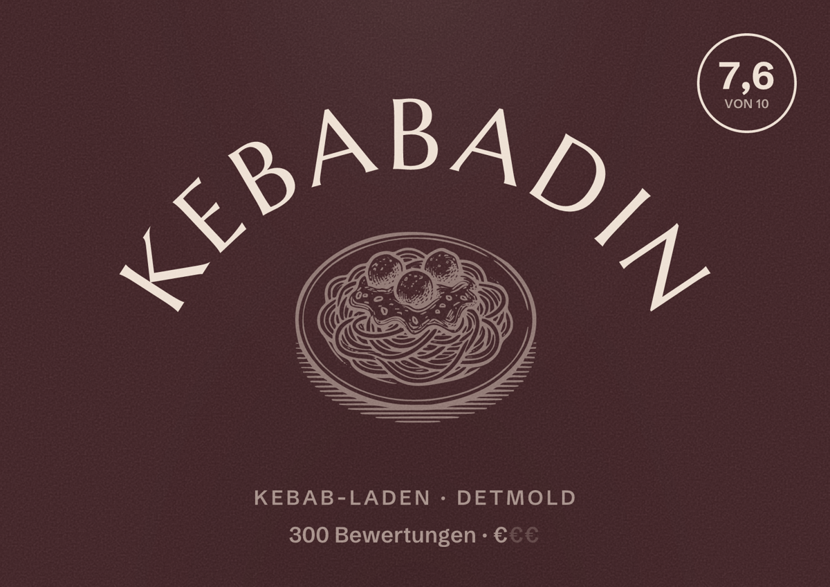 Illustriertes Poster von Kebabadin, Kebab-Laden in Detmold: Bewertung 7,6 von 10 aus 300 Bewertungen, Preisniveau €