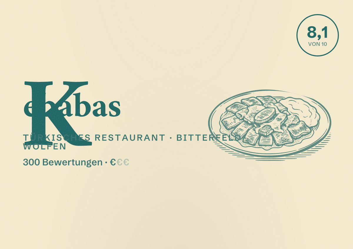 Illustriertes Poster von Kebabas, Türkisches Restaurant in Bitterfeld-Wolfen: Bewertung 8,1 von 10 aus 300 Bewertungen, Preisniveau €