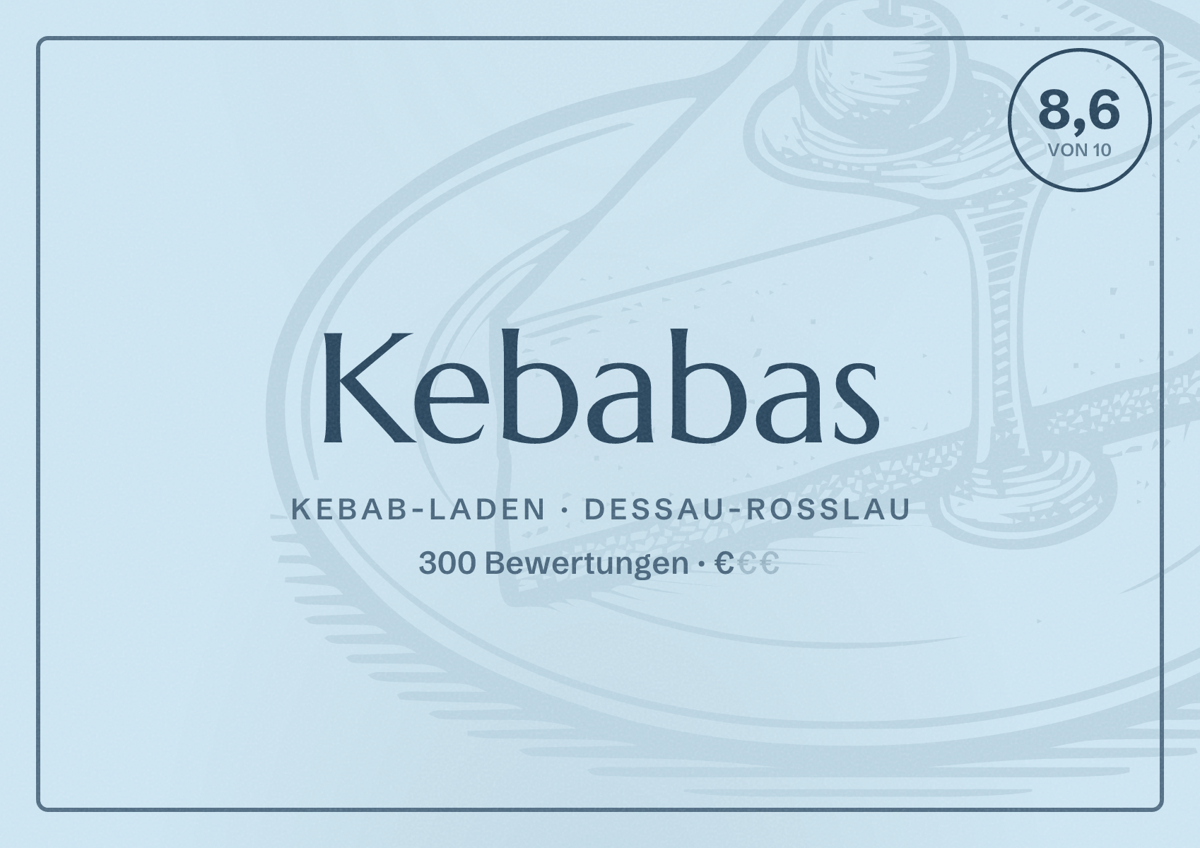 Illustriertes Poster von Kebabas, Kebab-Laden in Dessau-Roßlau: Bewertung 8,6 von 10 aus 300 Bewertungen, Preisniveau €