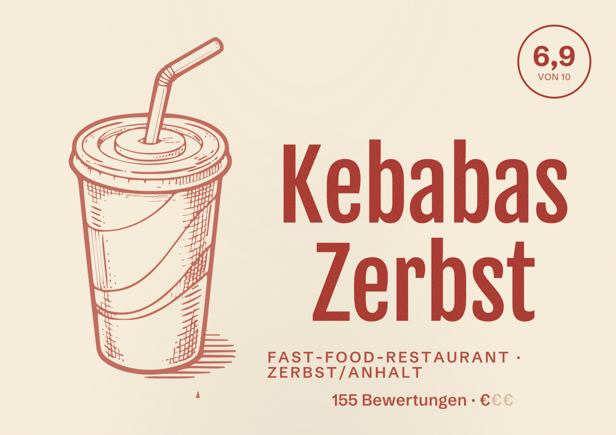 Illustriertes Poster von Kebabas Zerbst, Fast-Food-Restaurant in Zerbst/Anhalt: Bewertung 6,9 von 10 aus 155 Bewertungen, Preisniveau €