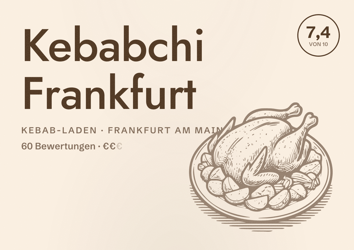 Illustriertes Poster von Kebabchi Frankfurt, Kebab-Laden in Frankfurt am Main: Bewertung 7,4 von 10 aus 60 Bewertungen, Preisniveau €€€