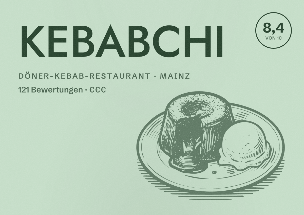 Illustriertes Poster von KEBABCHI, Döner-Kebab-Restaurant in Mainz: Bewertung 8,4 von 10 aus 121 Bewertungen, Preisniveau €€€