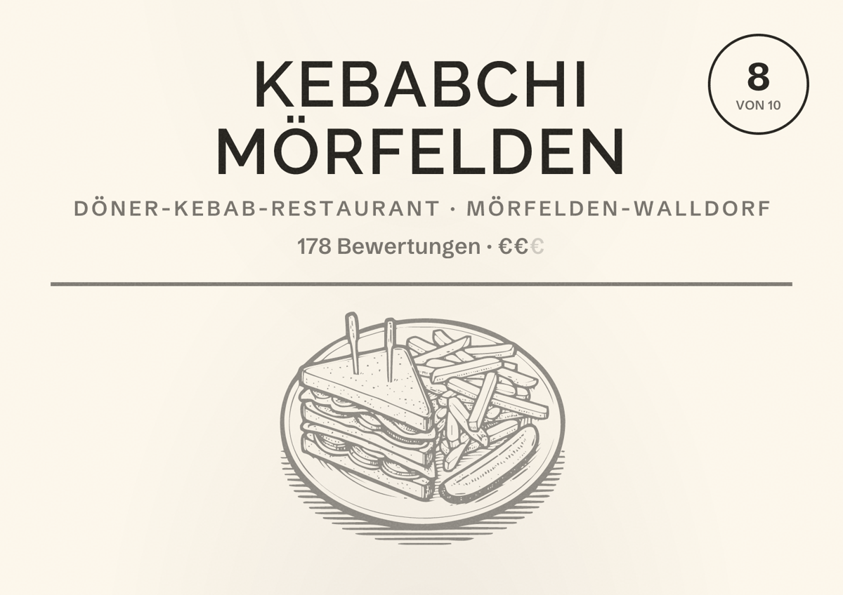 Illustriertes Poster von KEBABCHI Mörfelden, Döner-Kebab-Restaurant in Mörfelden-Walldorf: Bewertung 8 von 10 aus 178 Bewertungen, Preisniveau €€