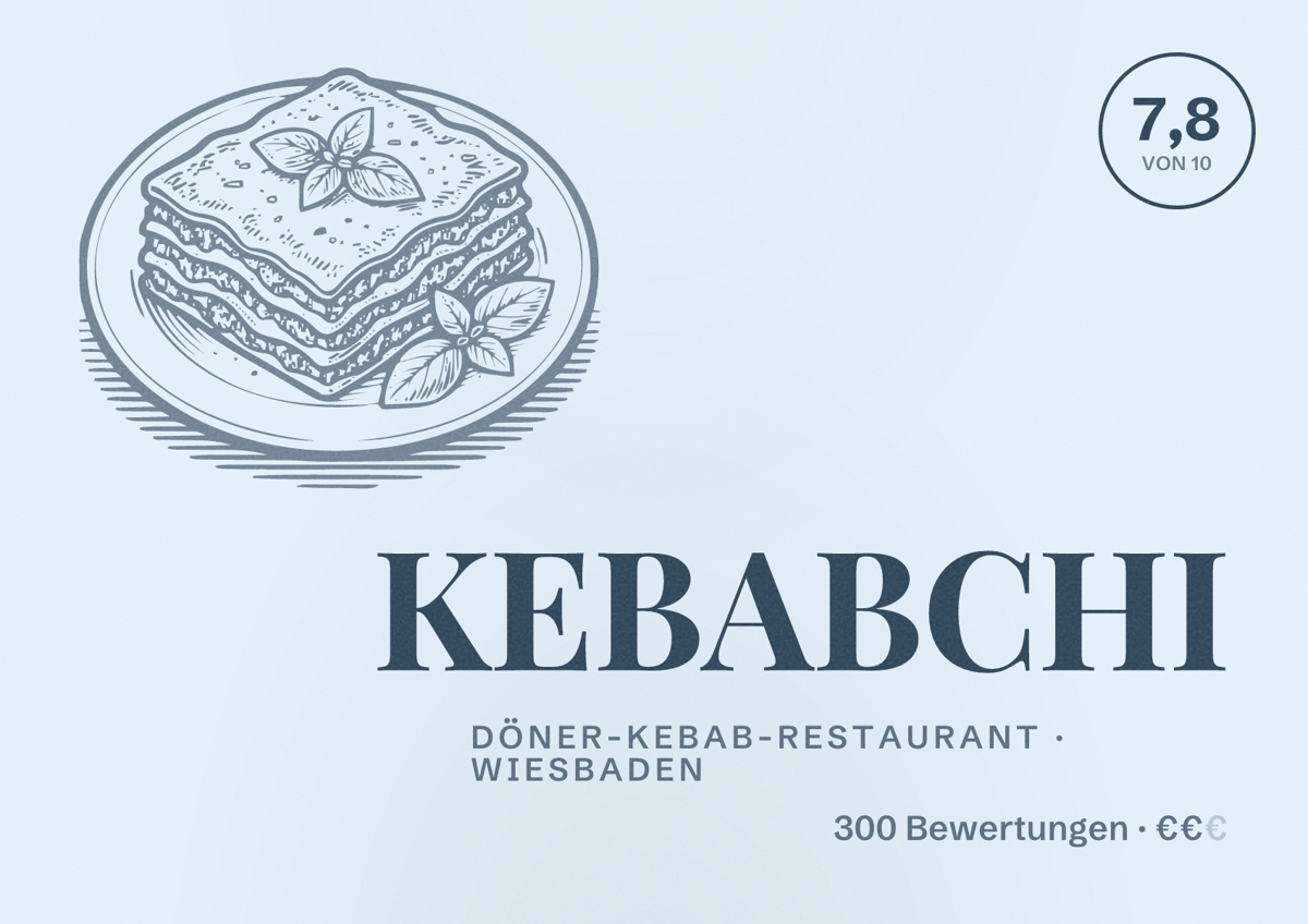 Illustriertes Poster von KEBABCHI, Döner-Kebab-Restaurant in Wiesbaden: Bewertung 7,8 von 10 aus 300 Bewertungen, Preisniveau €€