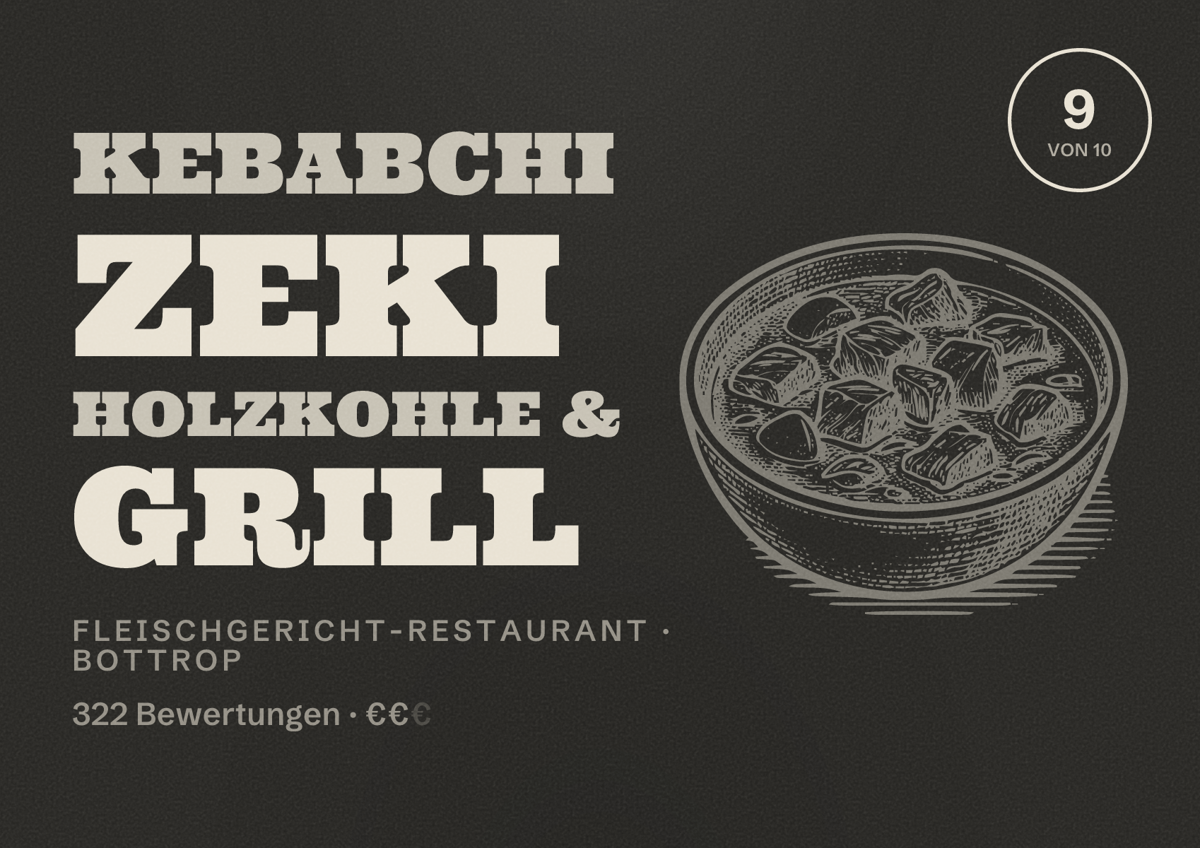 Illustriertes Poster von Kebabchi Zeki Holzkohle & Grill, Fleischgericht-Restaurant in Bottrop: Bewertung 9,0 von 10 aus 322 Bewertungen, Preisniveau €€