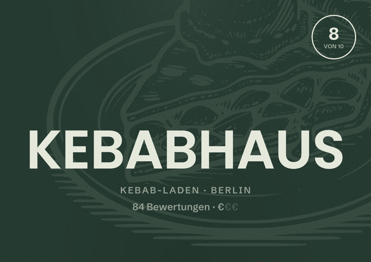 Illustriertes Poster von KEBABHAUS, Kebab-Laden in Berlin: Bewertung 8 von 10 aus 84 Bewertungen, Preisniveau €