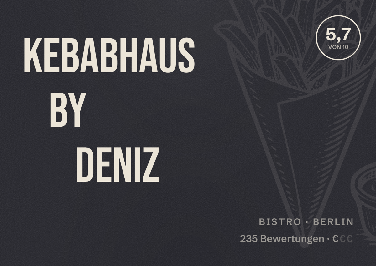 Illustriertes Poster von Kebabhaus by Deniz, Bistro in Berlin: Bewertung 5,7 von 10 aus 235 Bewertungen, Preisniveau €