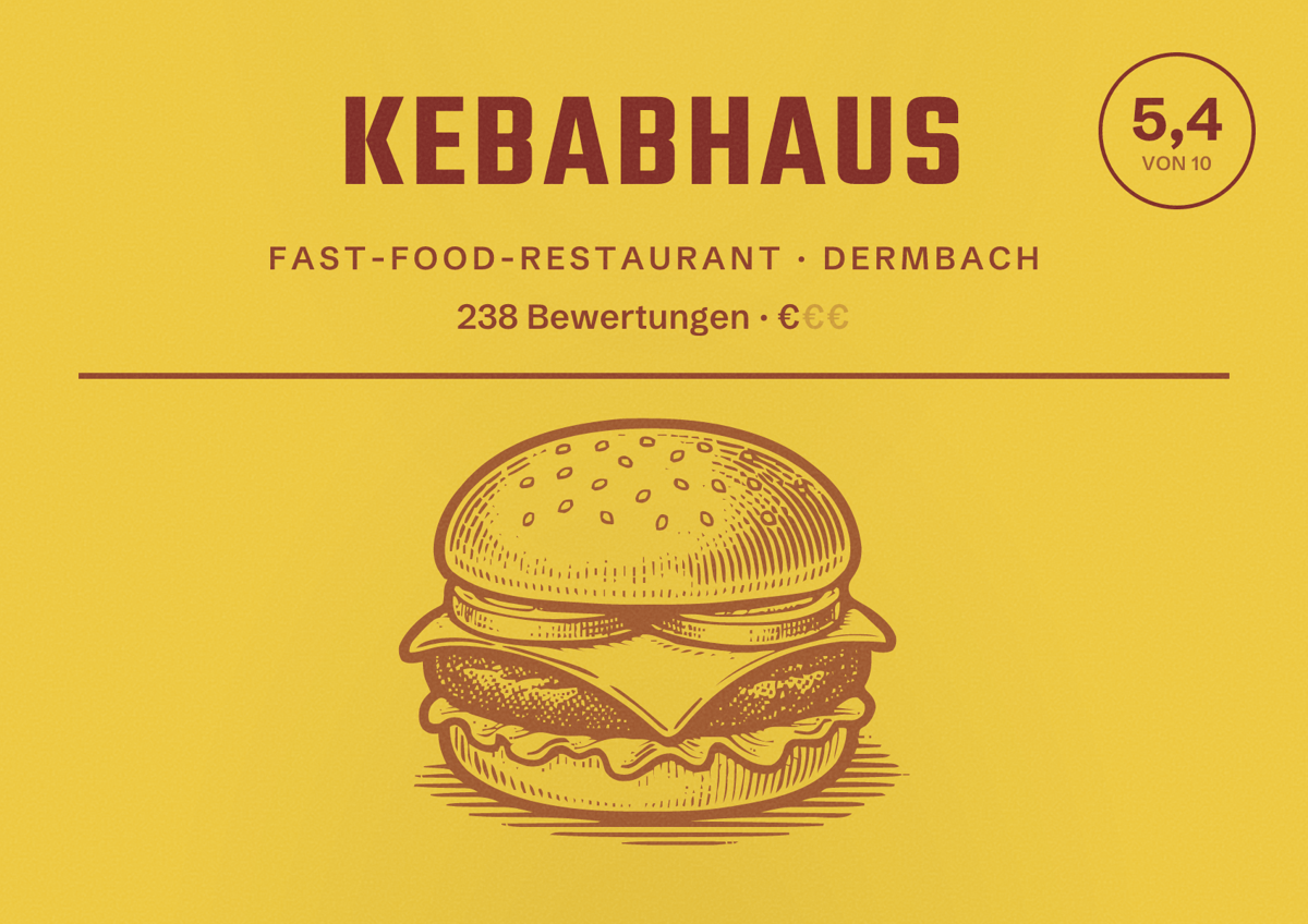 Illustriertes Poster von Kebabhaus, Fast-Food-Restaurant in Dermbach: Bewertung 5,4 von 10 aus 238 Bewertungen, Preisniveau €