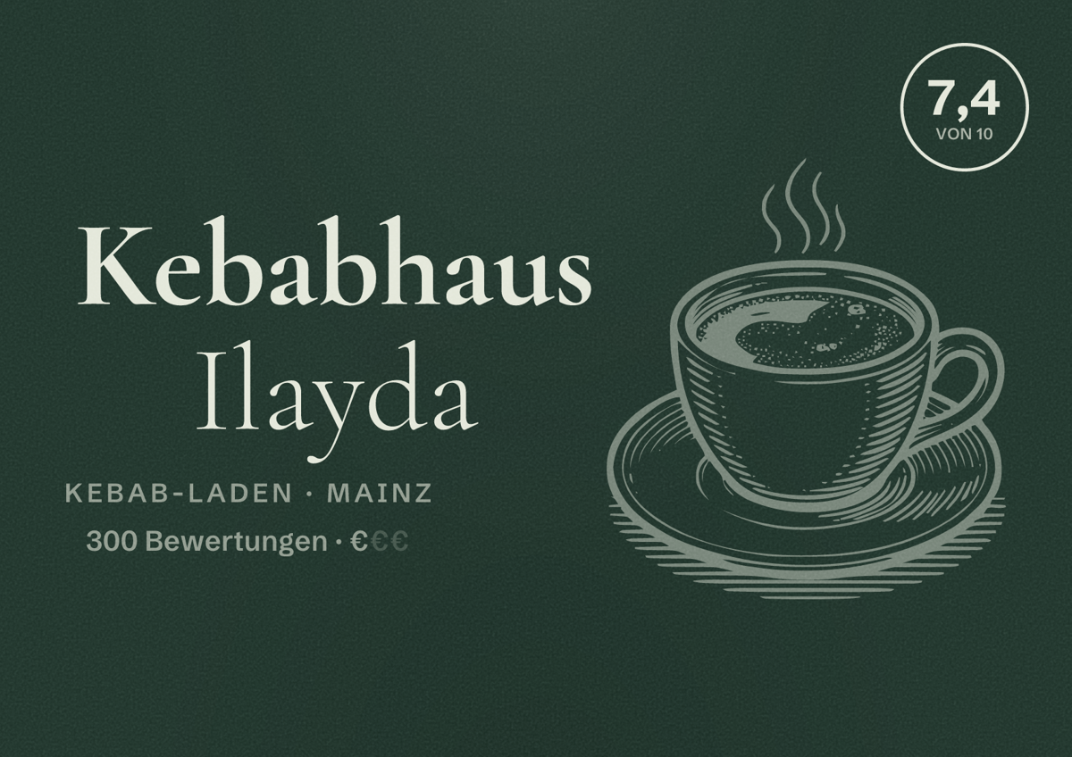 Illustriertes Poster von Kebabhaus Ilayda, Kebab-Laden in Mainz: Bewertung 7,4 von 10 aus 300 Bewertungen, Preisniveau €