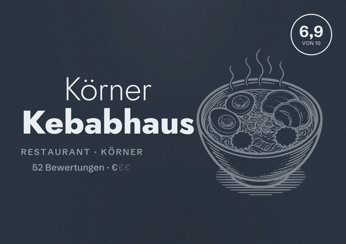 Illustriertes Poster von Körner Kebabhaus, Restaurant in Körner: Bewertung 6,9 von 10 aus 52 Bewertungen, Preisniveau €