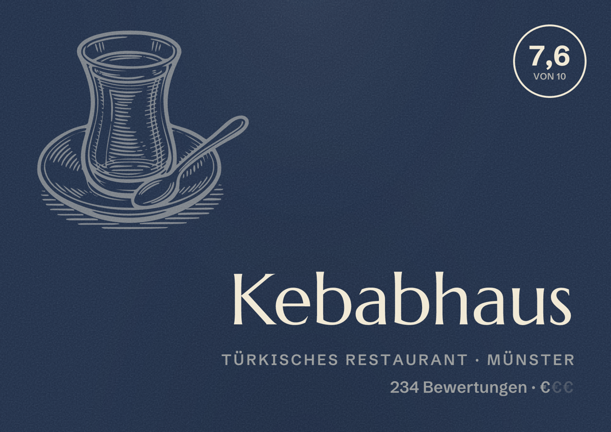 Illustriertes Poster von Kebabhaus, Türkisches Restaurant in Münster: Bewertung 7,6 von 10 aus 234 Bewertungen, Preisniveau €