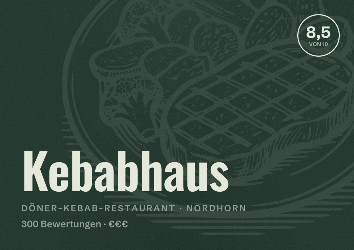 Illustriertes Poster von Kebabhaus, Döner-Kebab-Restaurant in Nordhorn: Bewertung 8,5 von 10 aus 300 Bewertungen, Preisniveau €€€