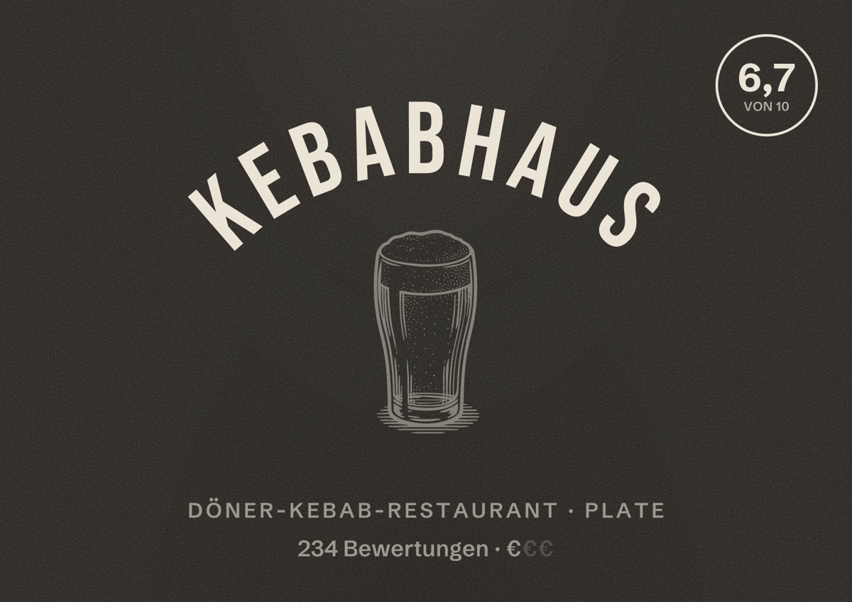 Illustriertes Poster von Kebabhaus, Döner-Kebab-Restaurant in Plate: Bewertung 6,7 von 10 aus 234 Bewertungen, Preisniveau €