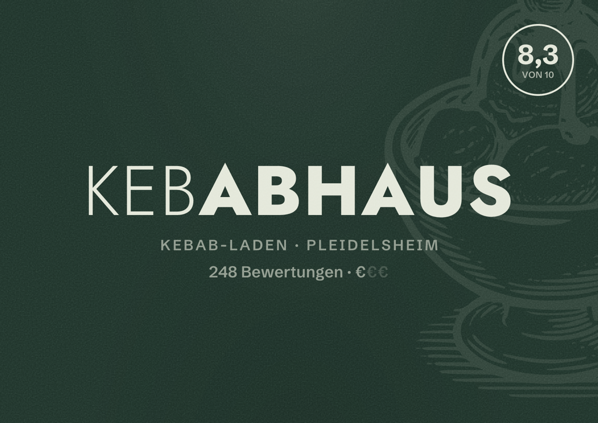 Illustriertes Poster von Kebabhaus, Kebab-Laden in Pleidelsheim: Bewertung 8,3 von 10 aus 248 Bewertungen, Preisniveau €