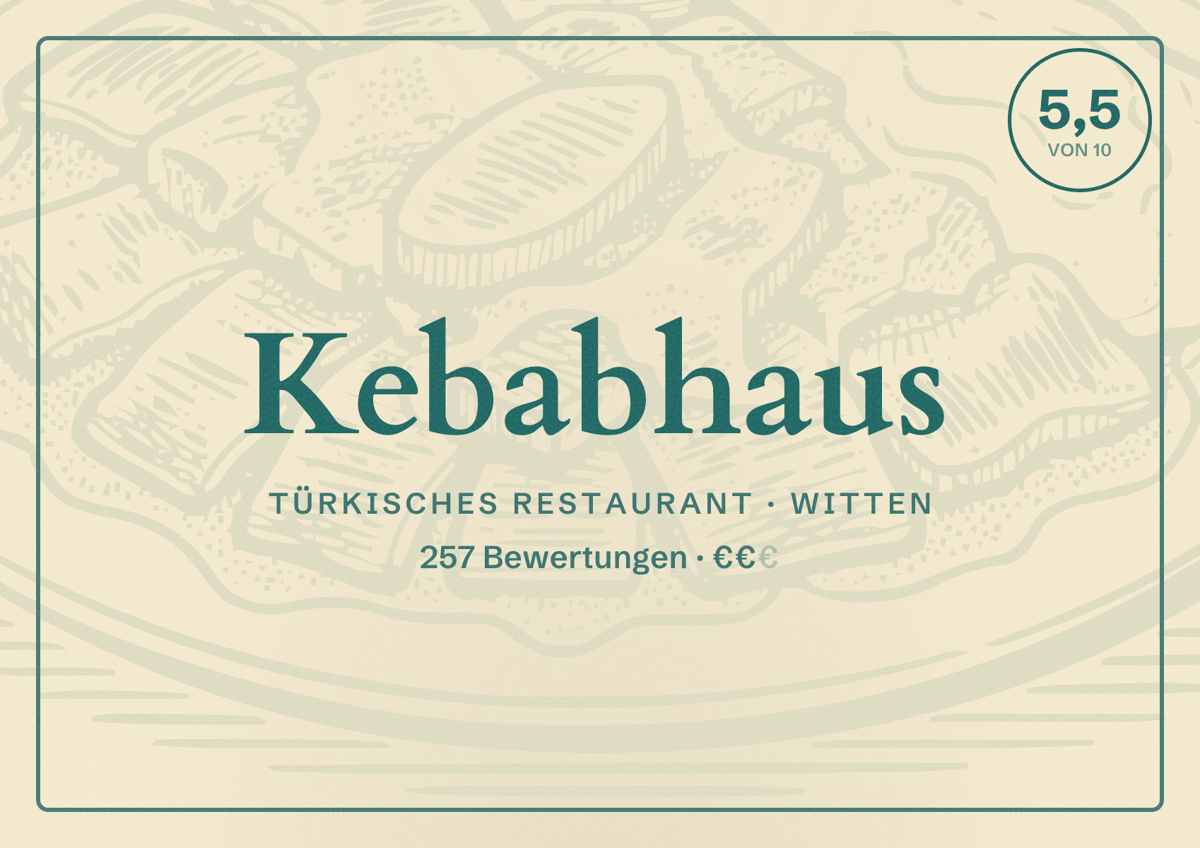 Illustriertes Poster von Kebabhaus, Türkisches Restaurant in Witten: Bewertung 5,5 von 10 aus 257 Bewertungen, Preisniveau €€