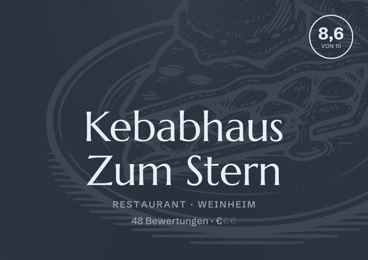 Illustriertes Poster von Kebabhaus Zum Stern, Restaurant in Weinheim: Bewertung 8,6 von 10 aus 48 Bewertungen, Preisniveau €
