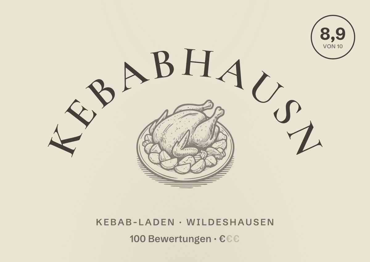 Illustriertes Poster von Kebabhausn, Kebab-Laden in Wildeshausen: Bewertung 8,9 von 10 aus 100 Bewertungen, Preisniveau €