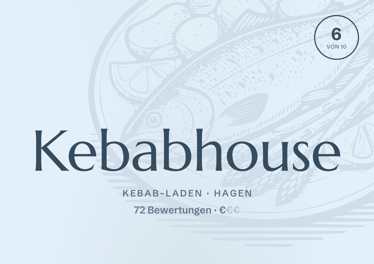 Illustriertes Poster von Kebabhouse, Kebab-Laden in Hagen: Bewertung 6 von 10 aus 72 Bewertungen, Preisniveau €