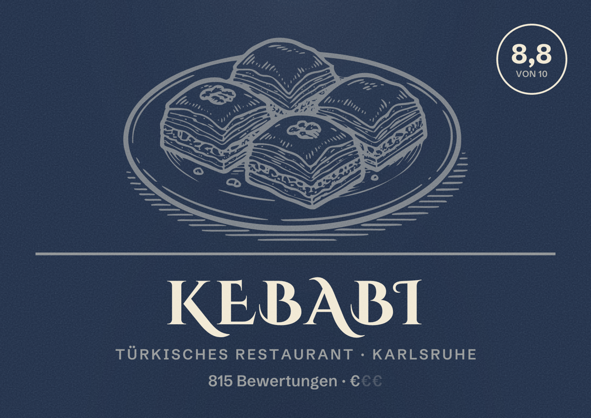 Illustriertes Poster von Kebabi, Türkisches Restaurant in Karlsruhe: Bewertung 8,8 von 10 aus 815 Bewertungen, Preisniveau €