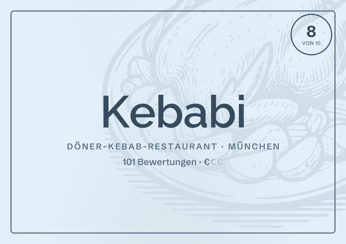 Illustriertes Poster von Kebabi, Döner-Kebab-Restaurant in München: Bewertung 8,0 von 10 aus 101 Bewertungen, Preisniveau €