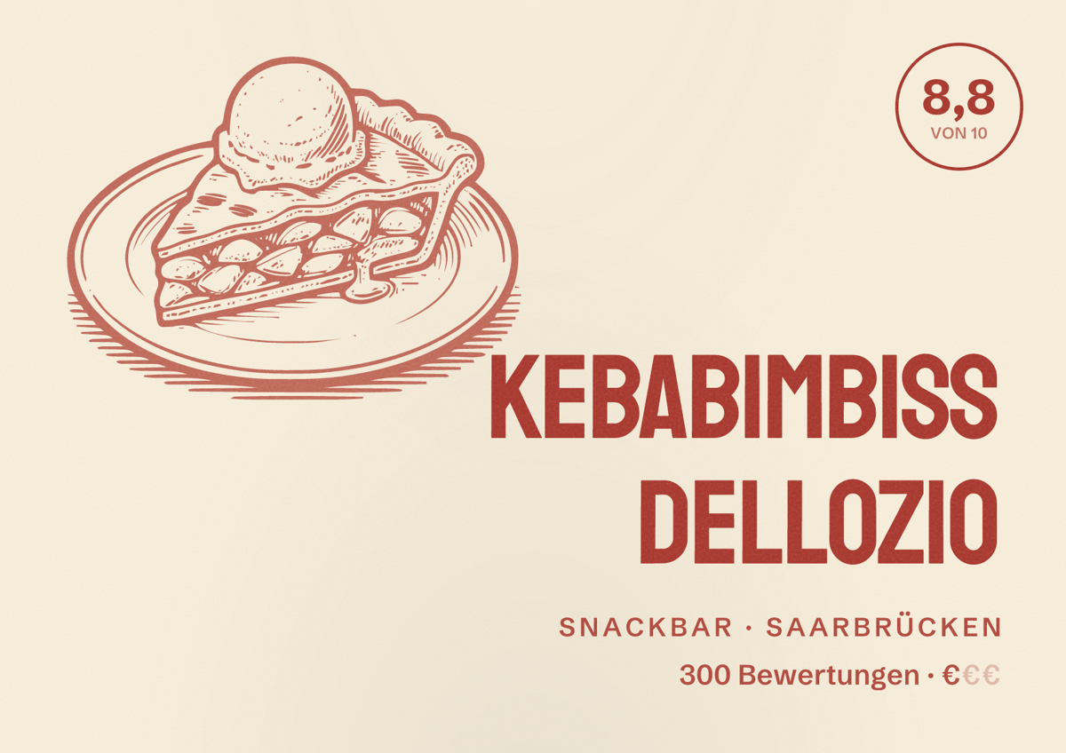 Illustriertes Poster von Kebabimbiss dellozio, Snackbar in Saarbrücken: Bewertung 8,8 von 10 aus 300 Bewertungen, Preisniveau €