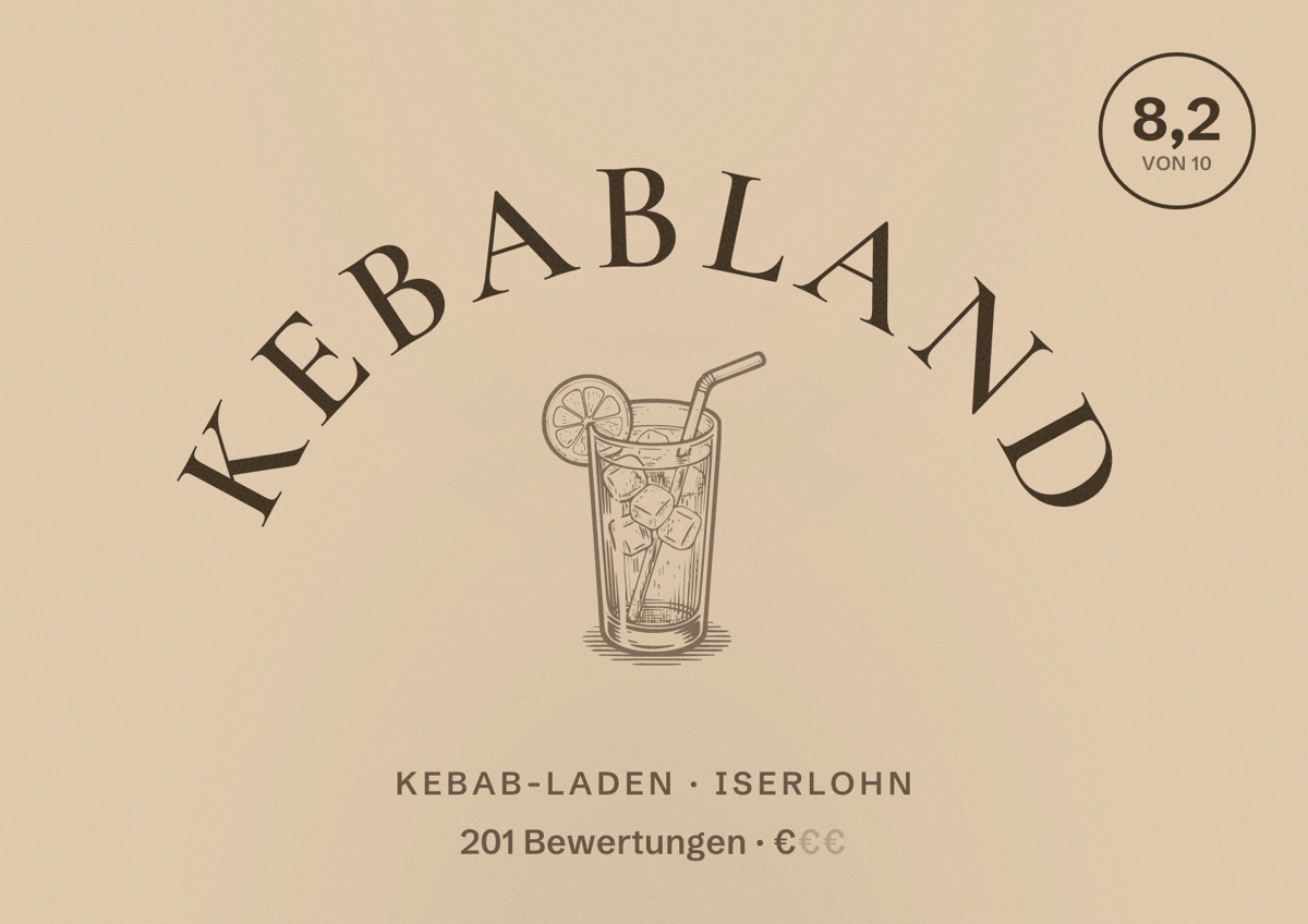 Illustriertes Poster von Kebabland, Kebab-Laden in Iserlohn: Bewertung 8,2 von 10 aus 201 Bewertungen, Preisniveau €