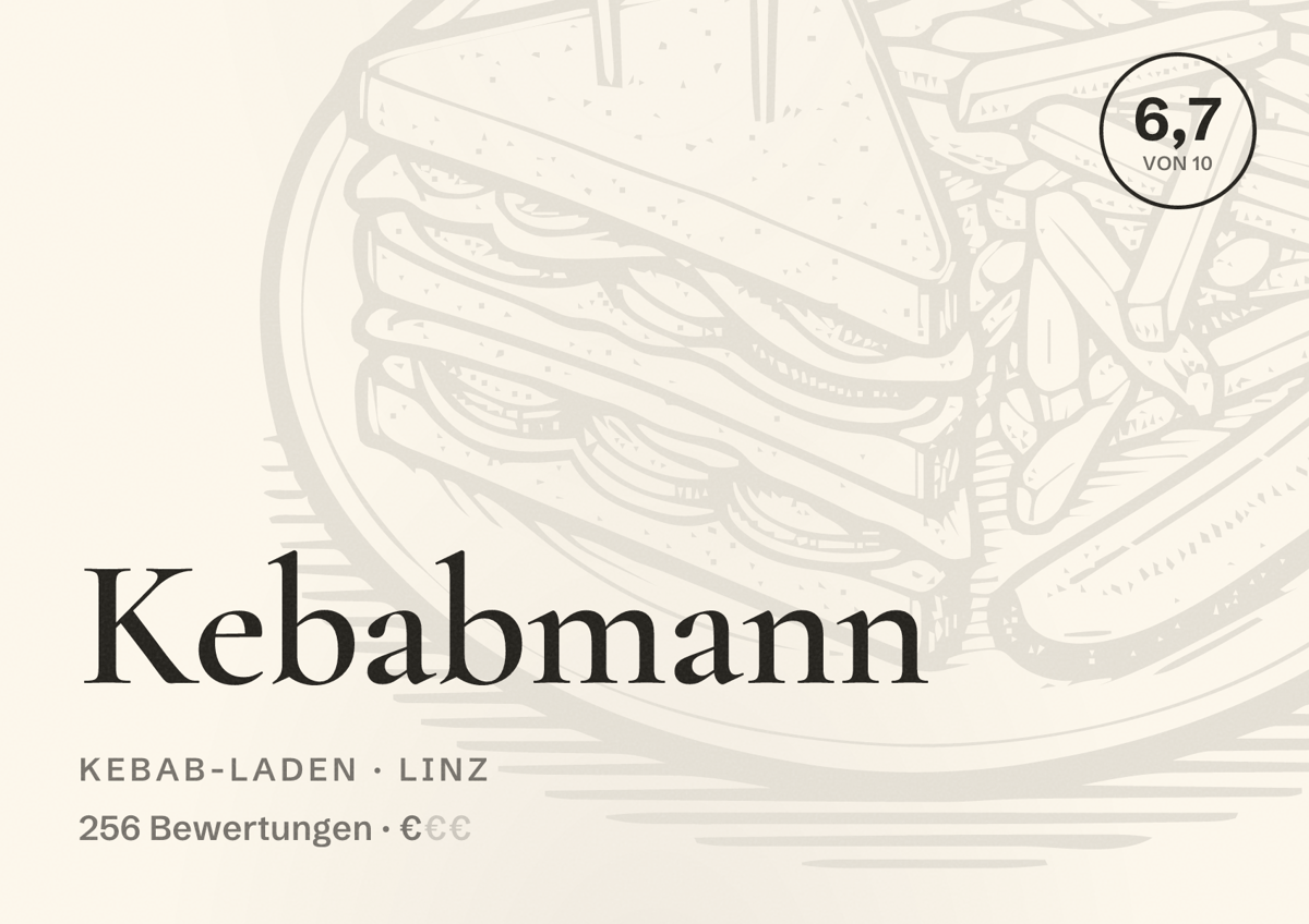 Illustriertes Poster von Kebabmann, Kebab-Laden in Linz: Bewertung 6,7 von 10 aus 256 Bewertungen, Preisniveau €