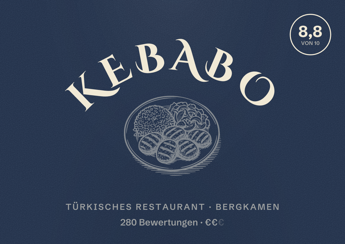 Illustriertes Poster von Kebabo, Türkisches Restaurant in Bergkamen: Bewertung 8,8 von 10 aus 280 Bewertungen, Preisniveau €€