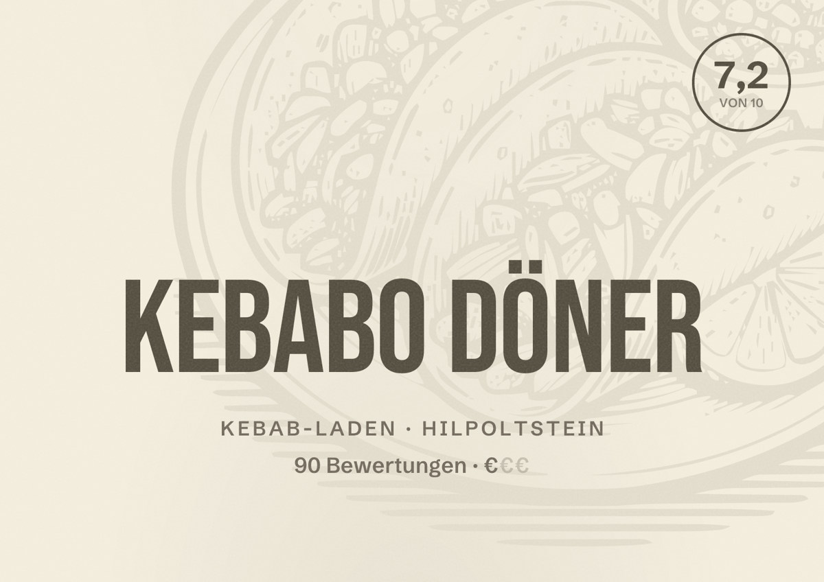 Illustriertes Poster von Kebabo Döner, Kebab-Laden in Hilpoltstein: Bewertung 7,2 von 10 aus 90 Bewertungen, Preisniveau €