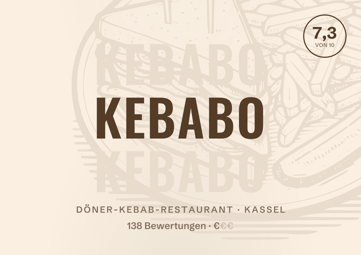 Illustriertes Poster von KEBABO, Döner-Kebab-Restaurant in Kassel: Bewertung 7,3 von 10 aus 138 Bewertungen, Preisniveau €