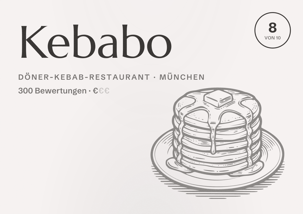 Illustriertes Poster von Kebabo, Döner-Kebab-Restaurant in München: Bewertung 8 von 10 aus 300 Bewertungen, Preisniveau €
