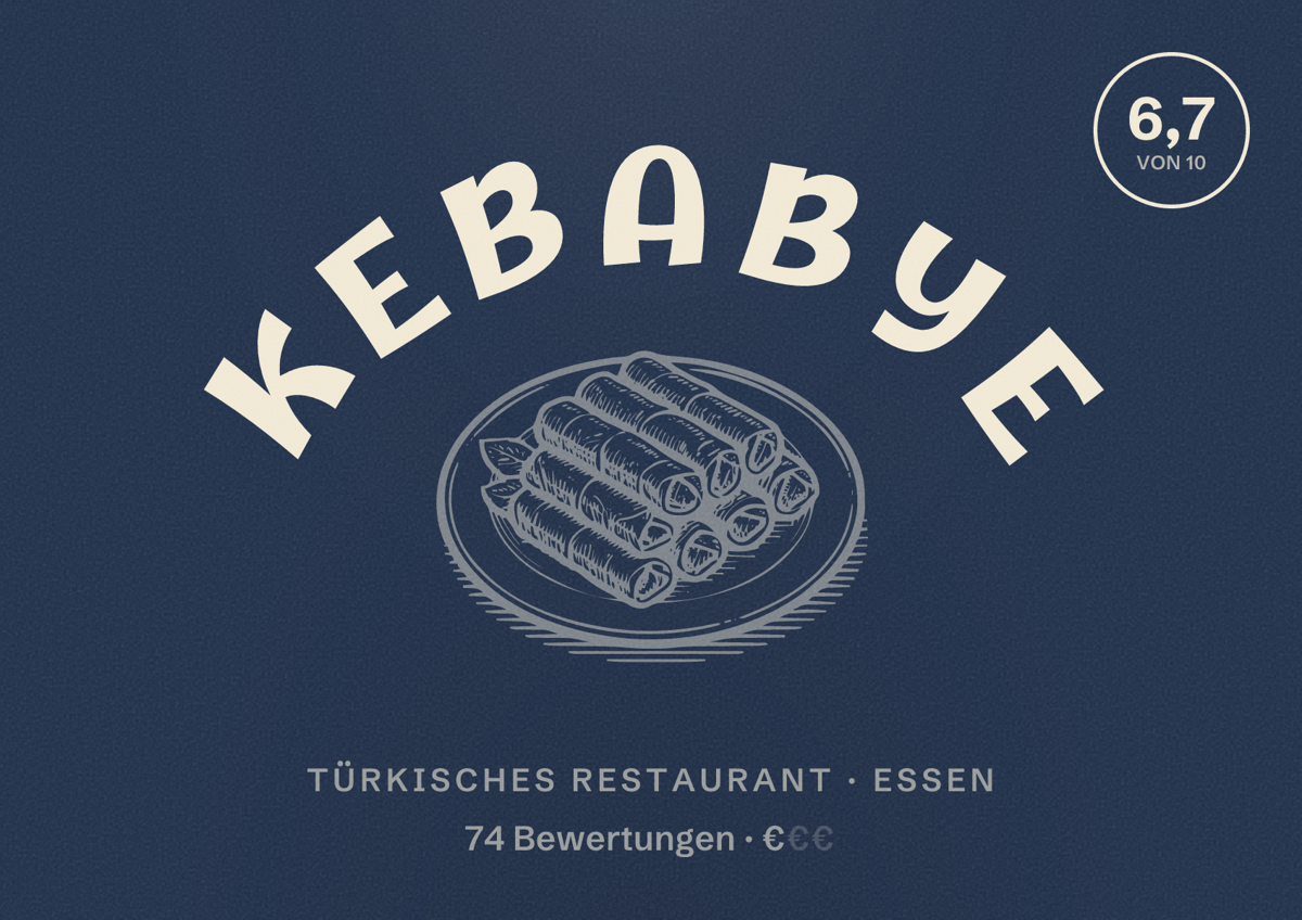 Illustriertes Poster von KebabYE, Türkisches Restaurant in Essen: Bewertung 6,7 von 10 aus 74 Bewertungen, Preisniveau €