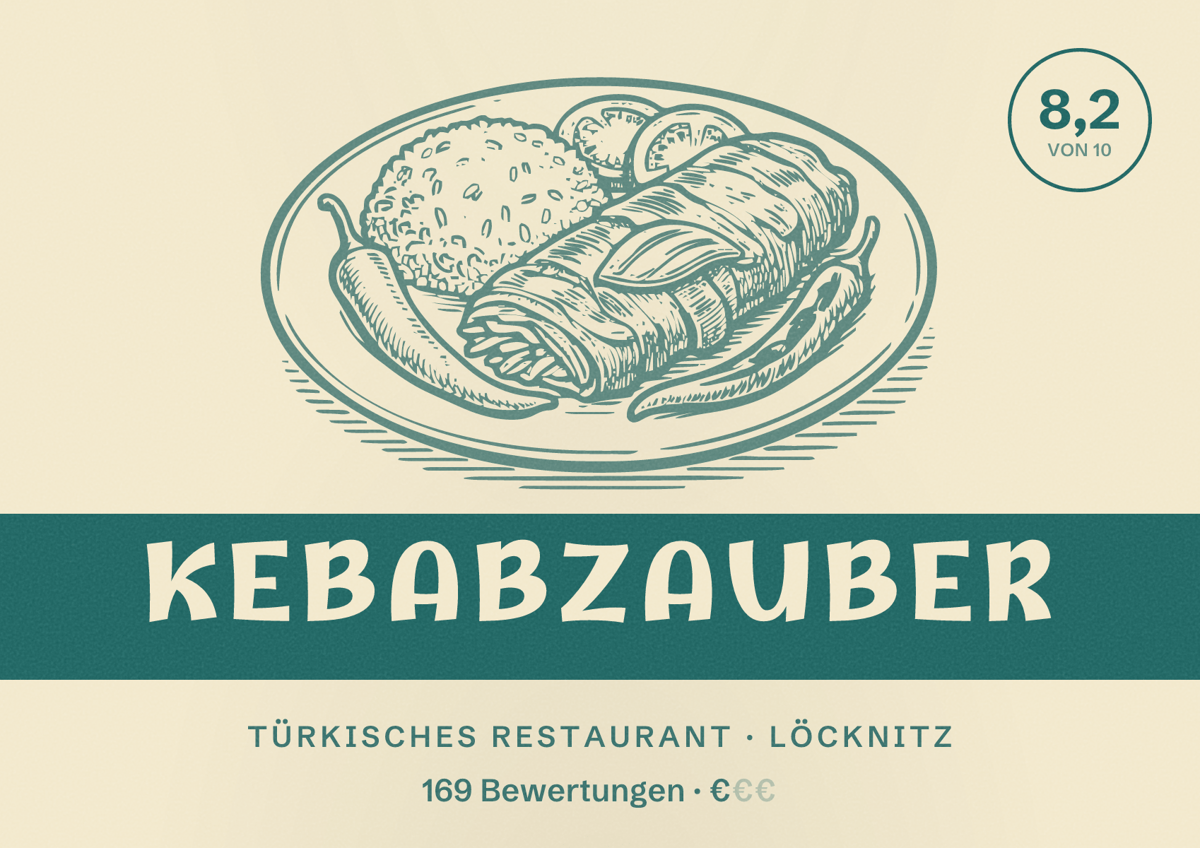 Illustriertes Poster von Kebabzauber, Türkisches Restaurant in Löcknitz: Bewertung 8,2 von 10 aus 169 Bewertungen, Preisniveau €