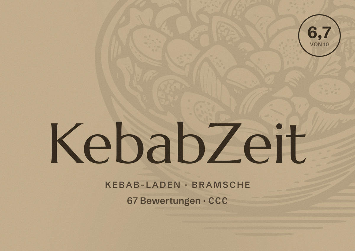 Illustriertes Poster von KebabZeit, Kebab-Laden in Bramsche: Bewertung 6,7 von 10 aus 67 Bewertungen, Preisniveau €€€