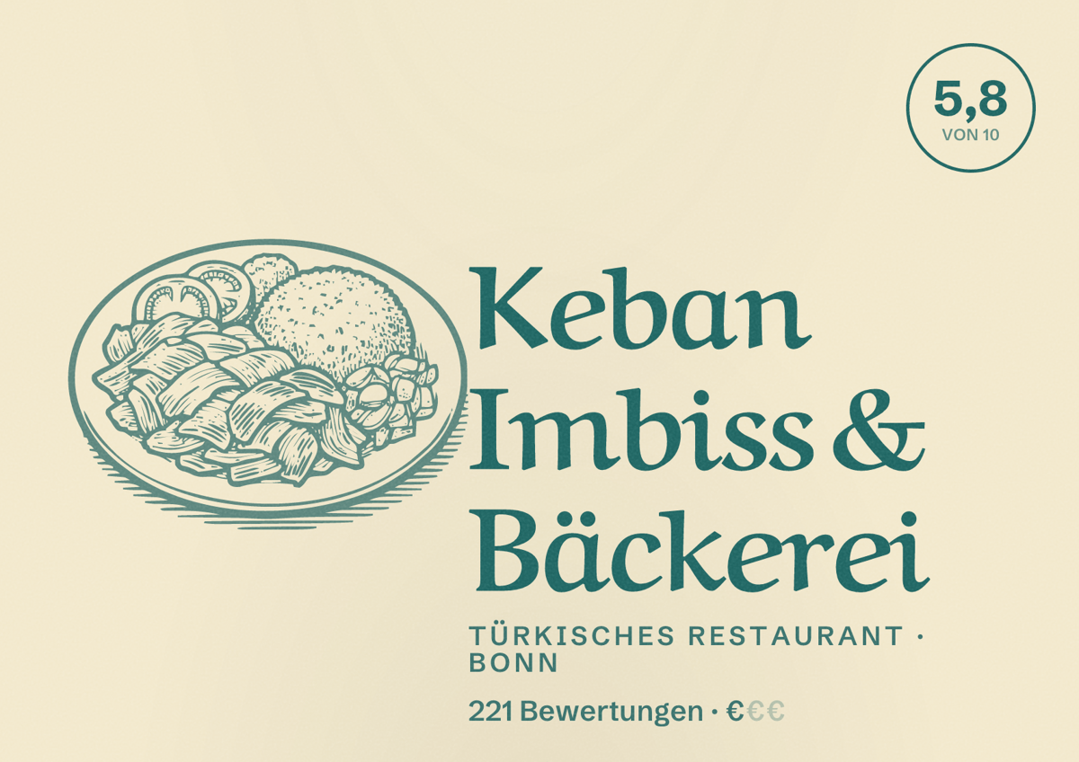 Illustriertes Poster von Keban Imbiss & Bäckerei, Türkisches Restaurant in Bonn: Bewertung 5,8 von 10 aus 221 Bewertungen, Preisniveau €