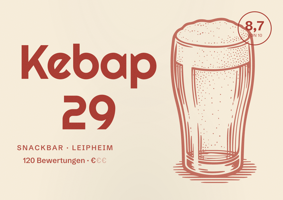 Illustriertes Poster von Kebap 29, Snackbar in Leipheim: Bewertung 8,7 von 10 aus 120 Bewertungen, Preisniveau €