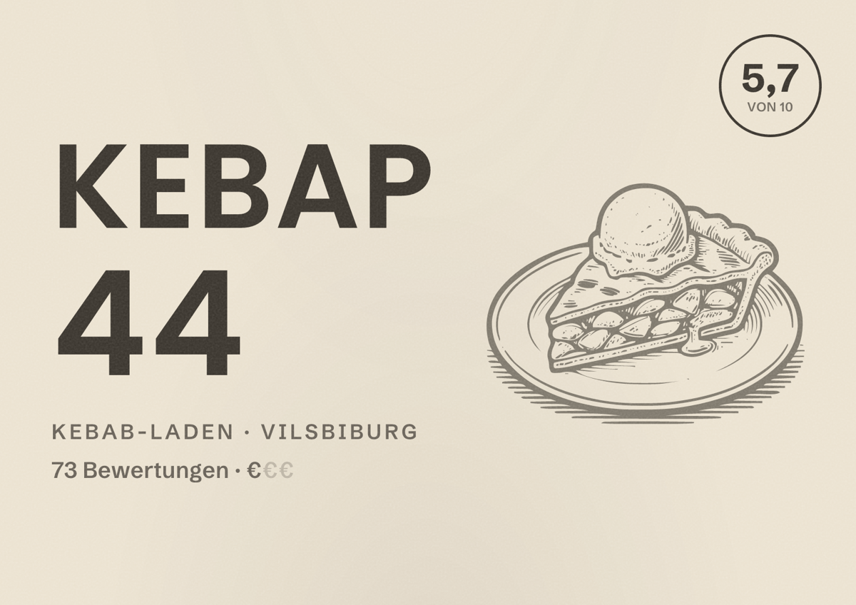 Illustriertes Poster von Kebap 44, Kebab-Laden in Vilsbiburg: Bewertung 5,7 von 10 aus 73 Bewertungen, Preisniveau €