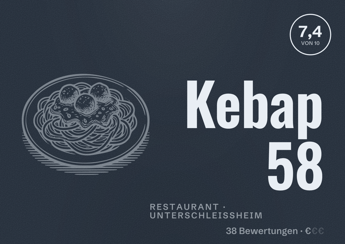Illustriertes Poster von Kebap 58, Restaurant in Unterschleißheim: Bewertung 7,4 von 10 aus 38 Bewertungen, Preisniveau €
