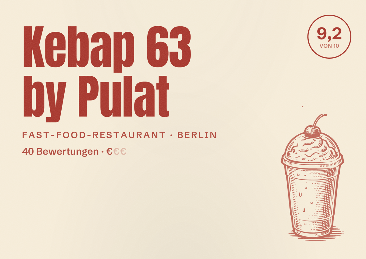 Illustriertes Poster von Kebap 63 by Pulat, Fast-Food-Restaurant in Berlin: Bewertung 9,2 von 10 aus 40 Bewertungen, Preisniveau €