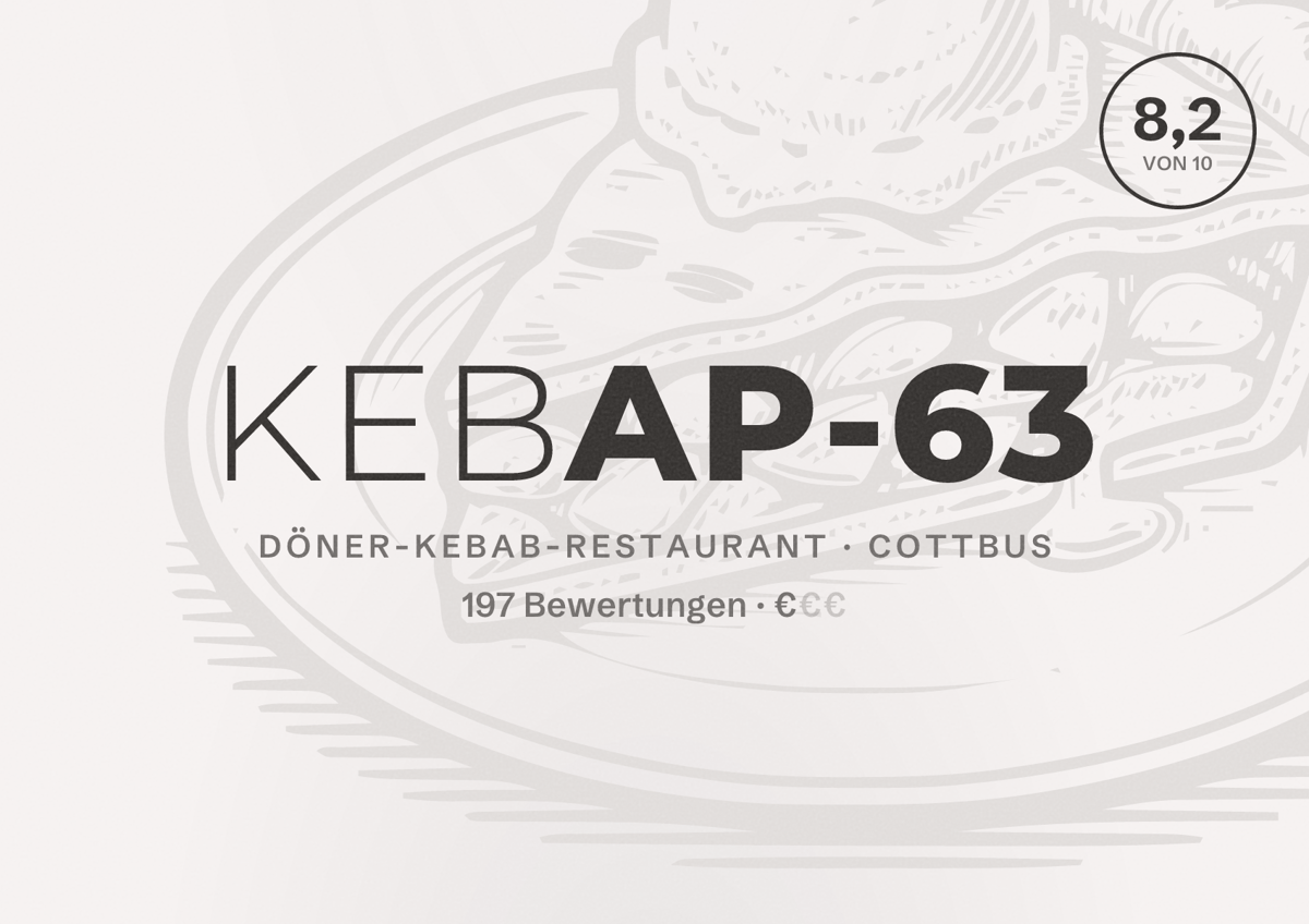Illustriertes Poster von Kebap-63, Döner-Kebab-Restaurant in Cottbus: Bewertung 8,2 von 10 aus 197 Bewertungen, Preisniveau €