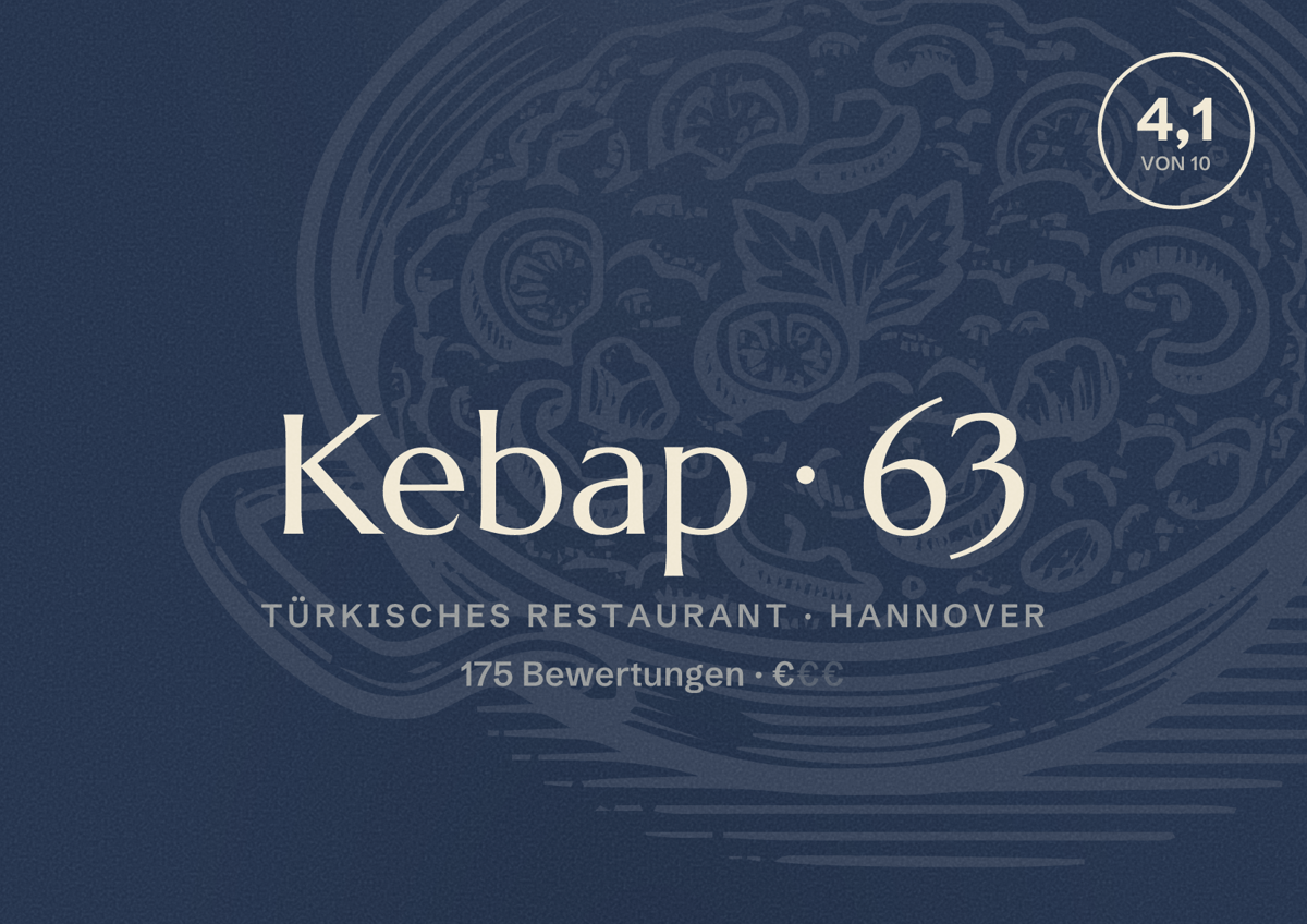 Illustriertes Poster von Kebap 63, Türkisches Restaurant in Hannover: Bewertung 4,1 von 10 aus 175 Bewertungen, Preisniveau €