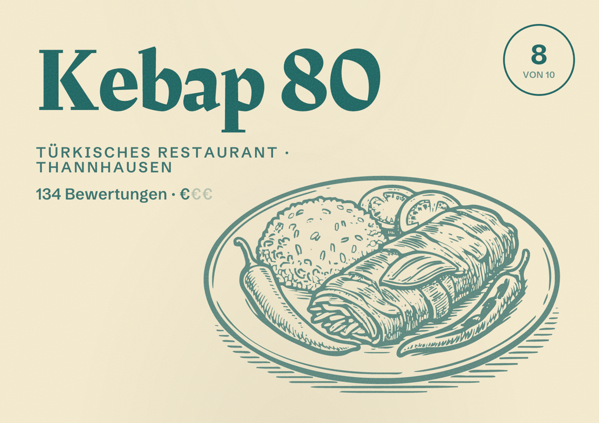 Illustriertes Poster von Kebap 80, Türkisches Restaurant in Thannhausen: Bewertung 8 von 10 aus 134 Bewertungen, Preisniveau €