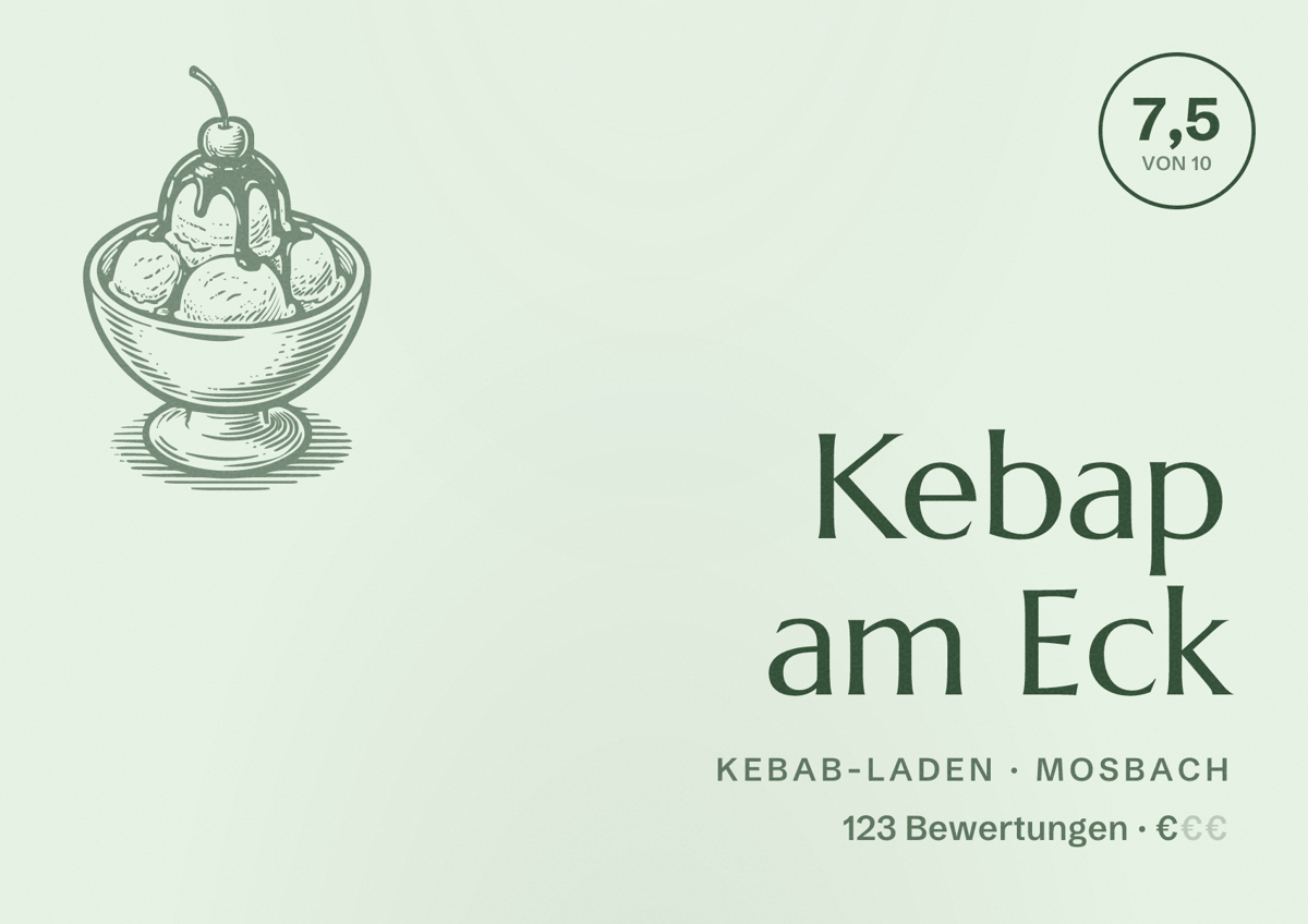Illustriertes Poster von Kebap am Eck, Kebab-Laden in Mosbach: Bewertung 7,5 von 10 aus 123 Bewertungen, Preisniveau €